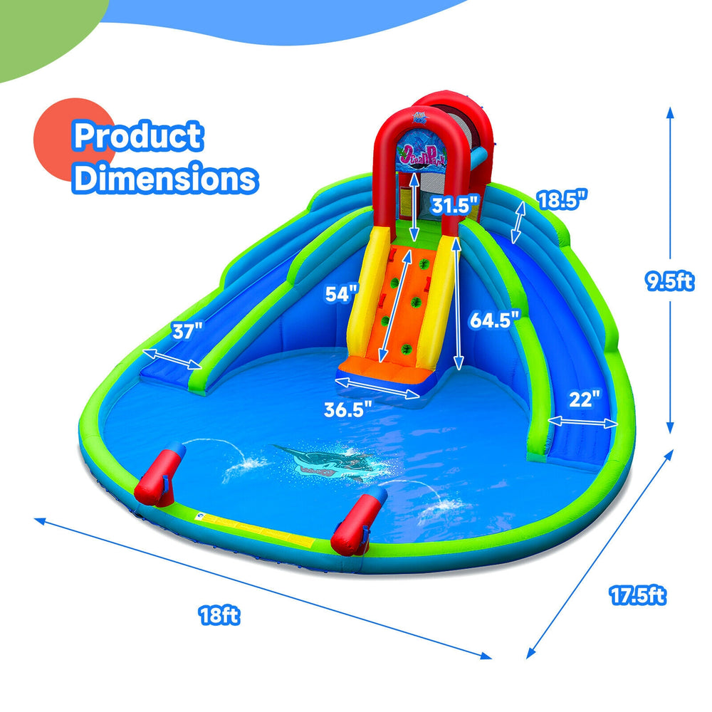 Inflatable waterslide bounce house dimensions with 2 slides, climbing wall, and splash pool for outdoor fun.
