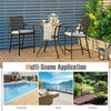 Two patio bar stools with height cushions and armrests, ideal for poolside or garden relaxation.