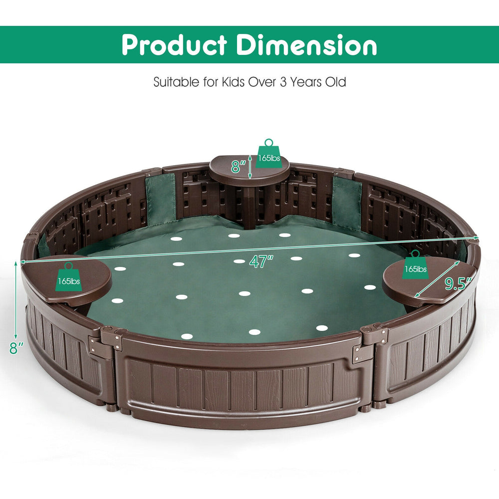 Round sandbox with built-in corner seats, dust-proof cover, and perforated bottom liner for kids over 3 years old.