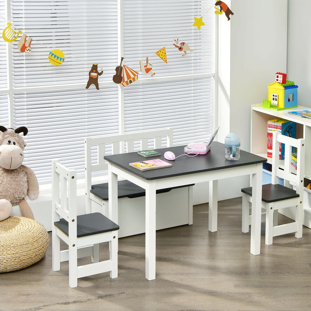 Kids wooden activity table and chairs set in gray with storage bench, perfect for playtime and learning.