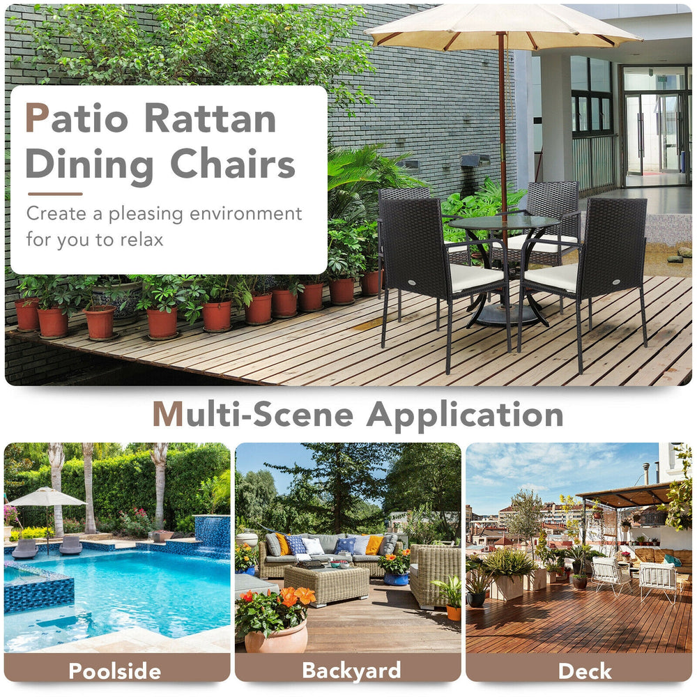 Patio rattan dining chairs with comfy cushions, featuring a sturdy steel frame, perfect for outdoor relaxation.