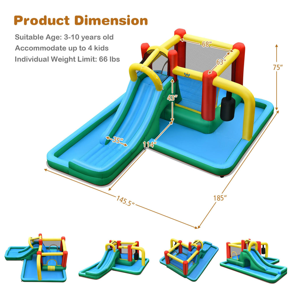 Inflatable water slide bounce house with climbing wall, tunnel, and splash pool for kids' outdoor fun.