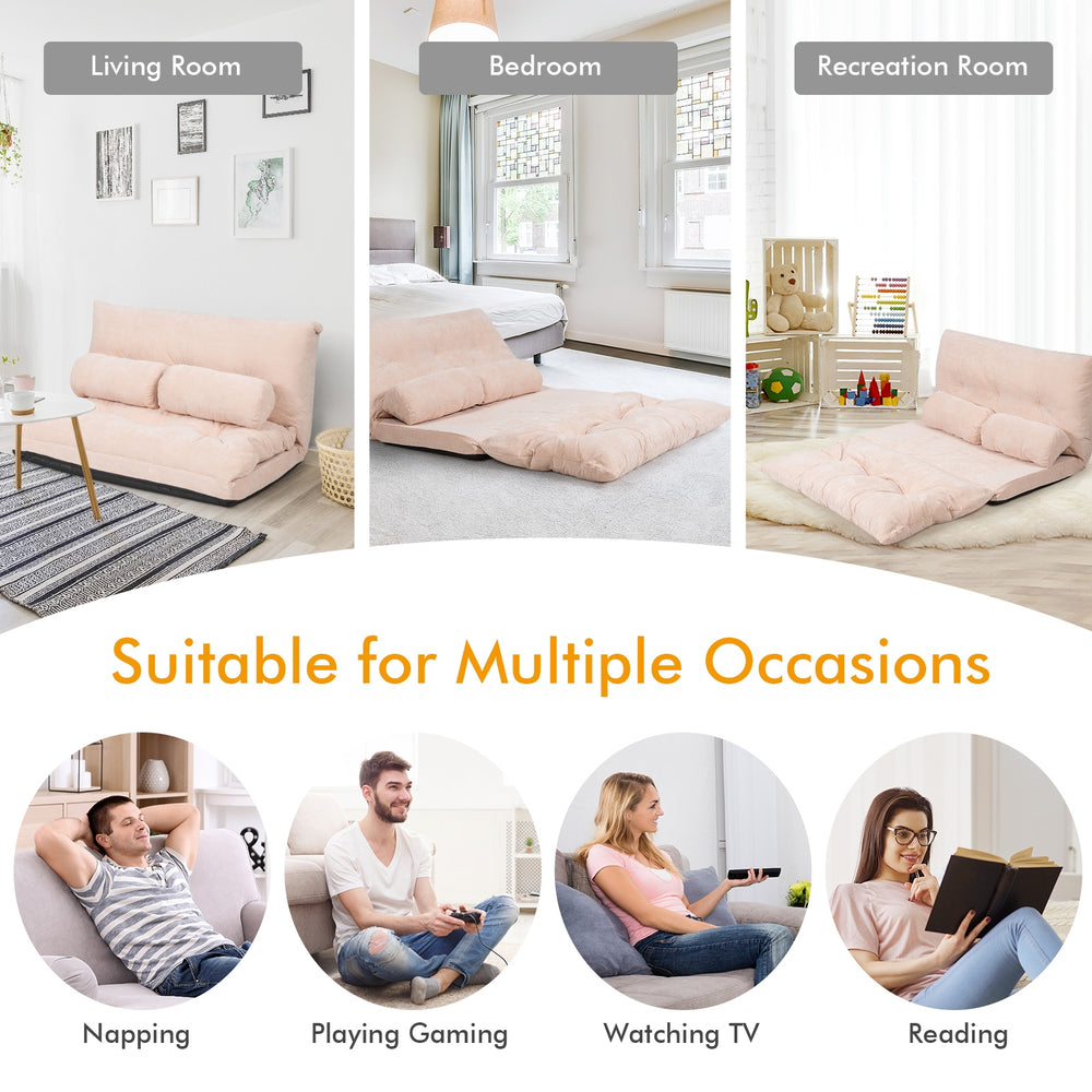 6-position adjustable sleeper lounge couch in beige with 2 pillows, ideal for napping, gaming, or reading.
