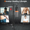 Heavy duty boxing punching stand with adjustable speed bag and durable heavy bag for home gym strength training.