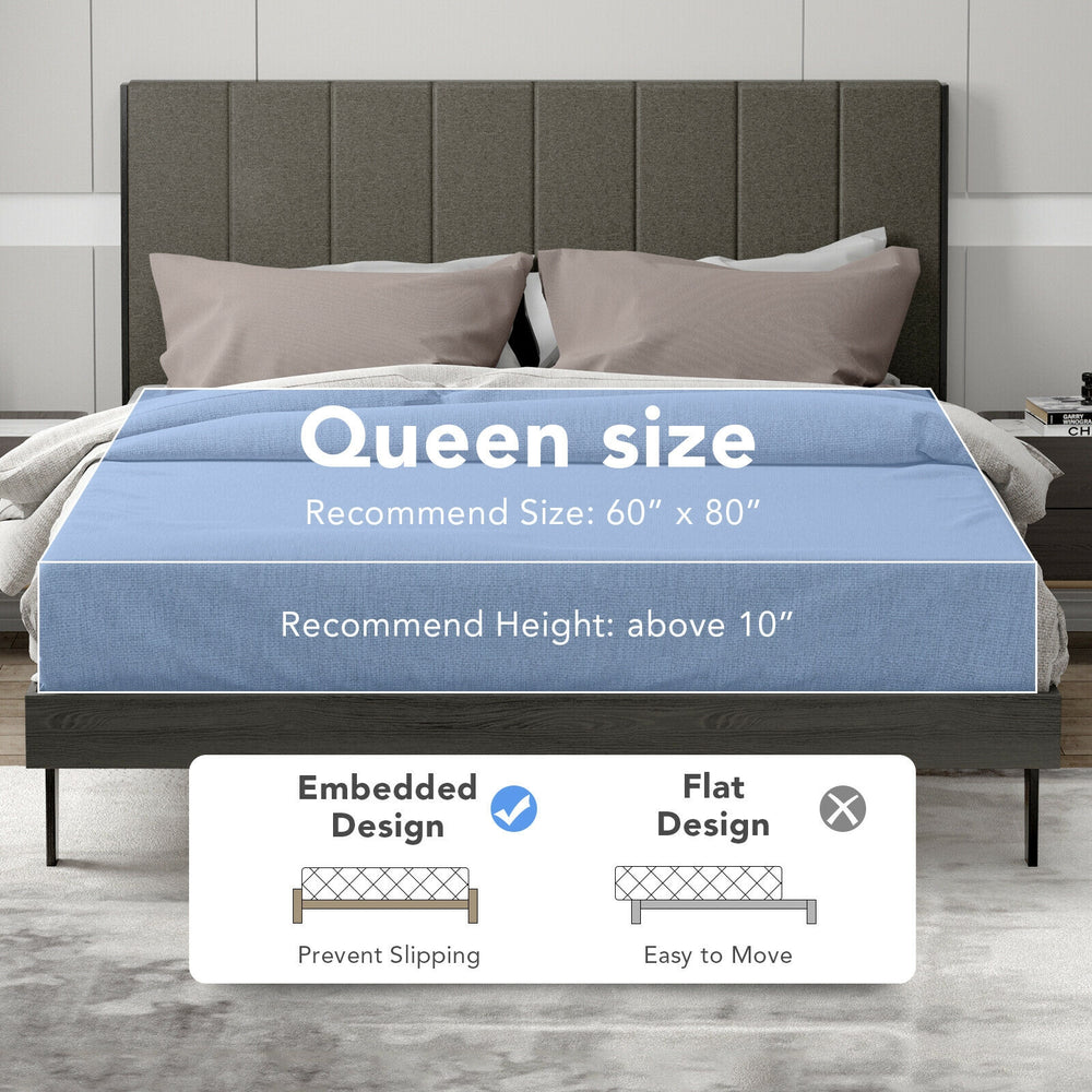 Queen size upholstered bed frame with tufted headboard, featuring solid wooden slats and under-bed storage for a tidy.