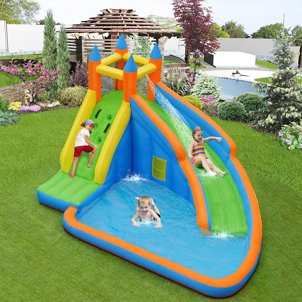 Kids inflatable water slide with vibrant colors and climbing wall, perfect for outdoor play and family fun in the.
