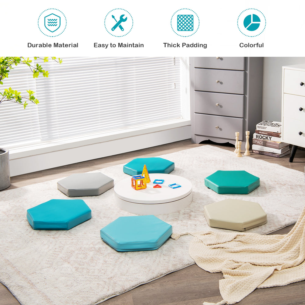 Colorful hexagon toddler floor cushions with handles, made of durable PU and EPE, perfect for classroom seating.