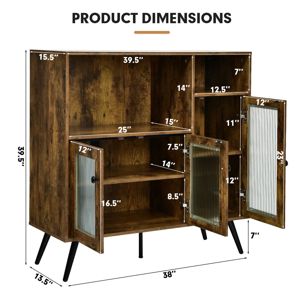 Buffet kitchen storage cupboard with glass doors, rustic brown finish, adjustable shelves, and stable 5-leg base.