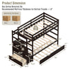 Twin over twin bunk bed with storage drawer and shelf, made of solid wood and MDF, ideal for children's bedrooms.