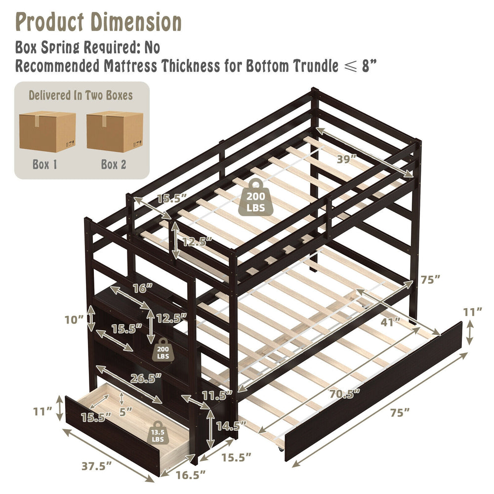 Twin over twin bunk bed with storage drawer and shelf, made of solid wood and MDF, ideal for children's bedrooms.