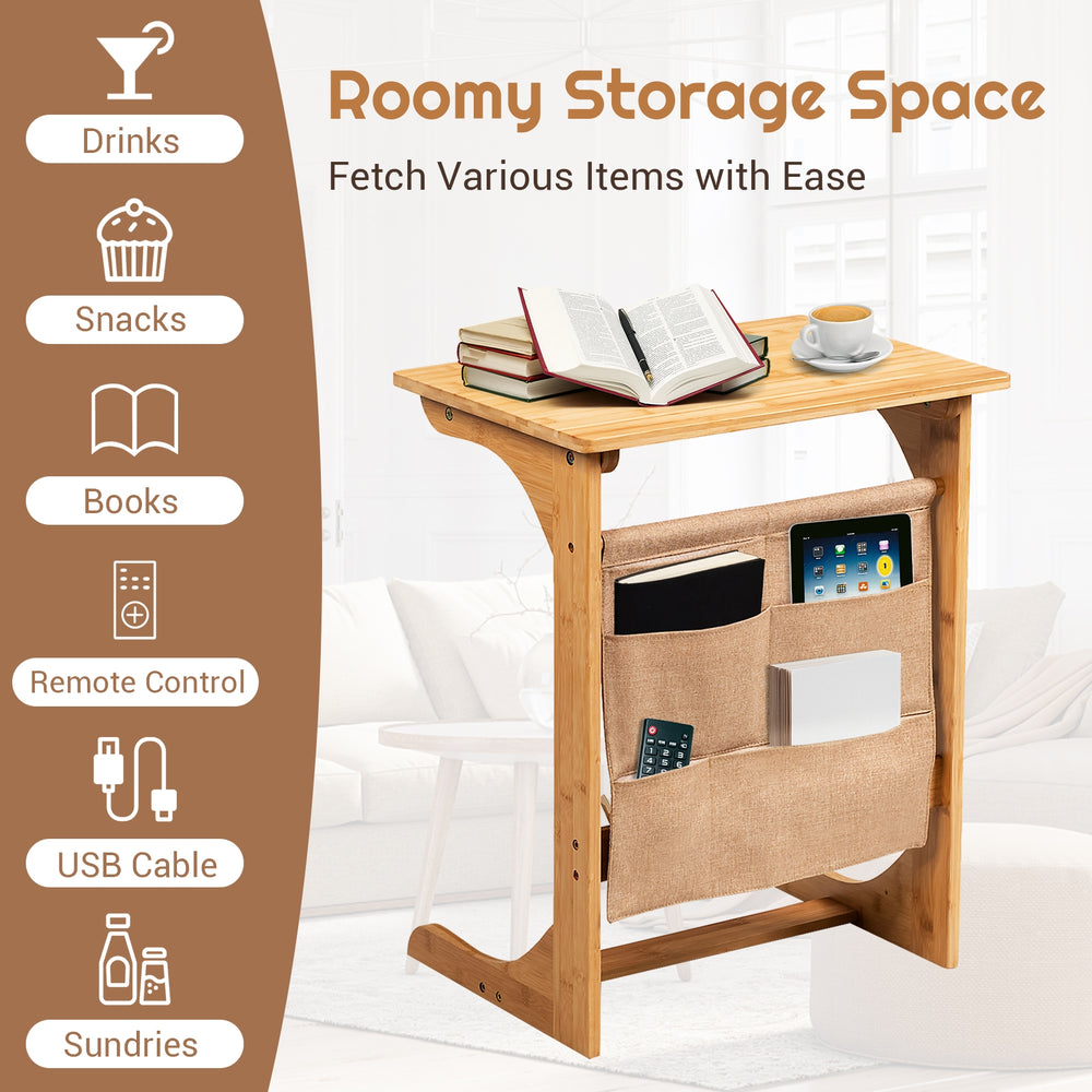 Bamboo side table with storage bag, featuring round corners, ideal for bedside or sofa use, waterproof and easy to.