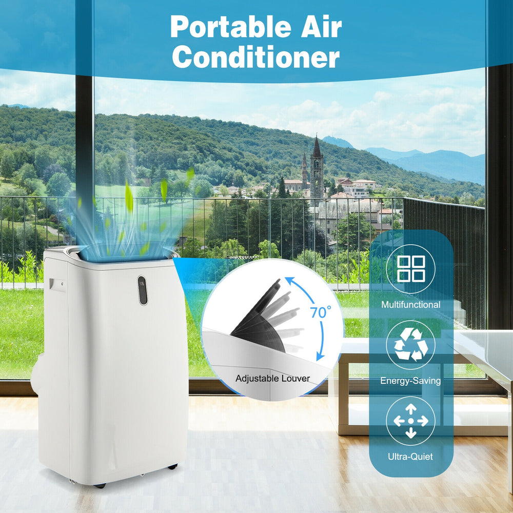 Portable 12000 BTU air conditioner with adjustable louver, 70° oscillation, and multifunctional features for year-round.