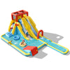 Colorful 7-in-1 inflatable water park with dual slides, pool, and climbing wall for kids' outdoor fun.