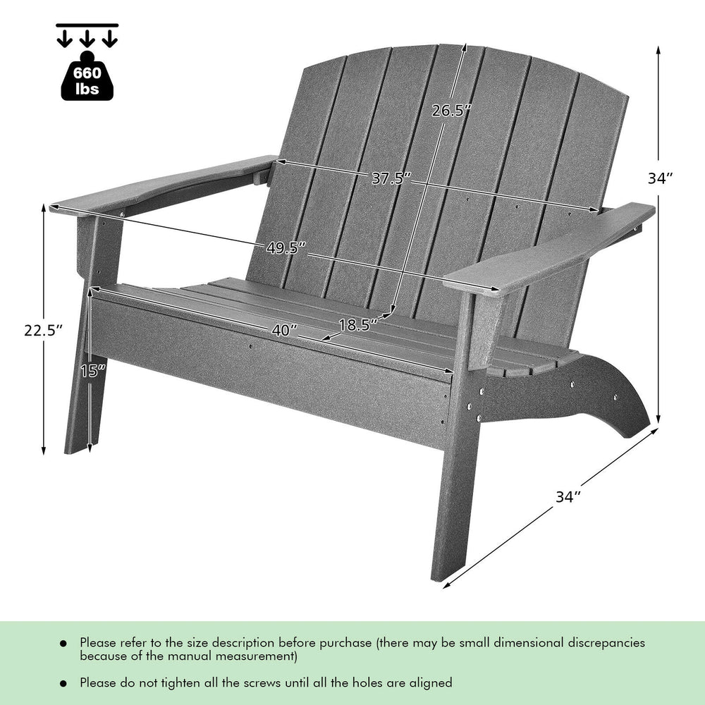 Gray HDPE patio Adirondack chair with ergonomic design, sturdy structure, and wide armrests for outdoor relaxation.