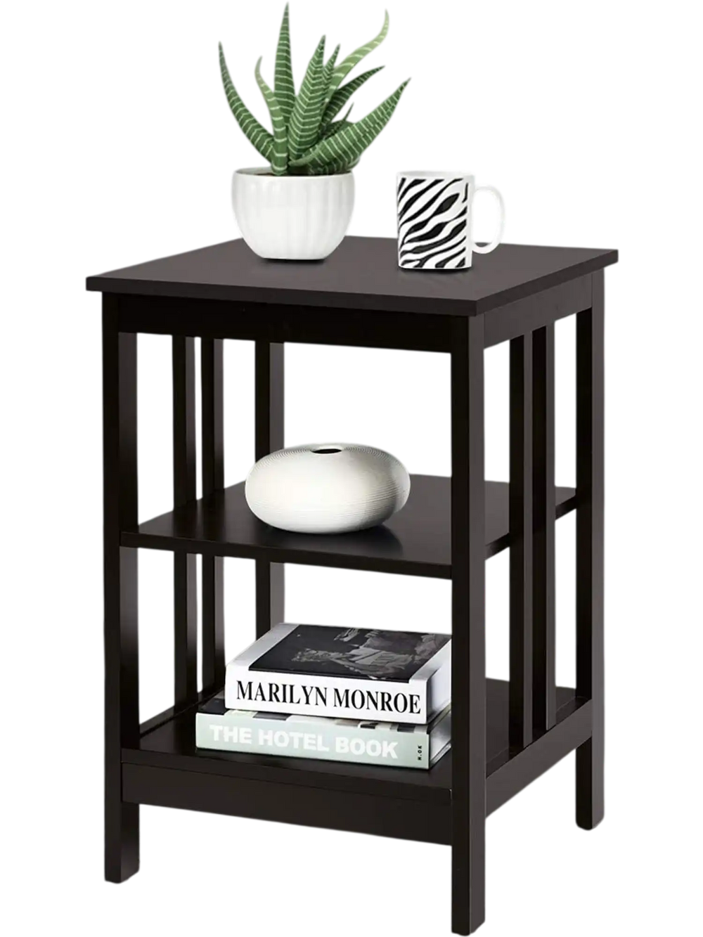 Dark brown 3-tier nightstand with reinforced bars, featuring open compartments for storage, ideal for living room or.
