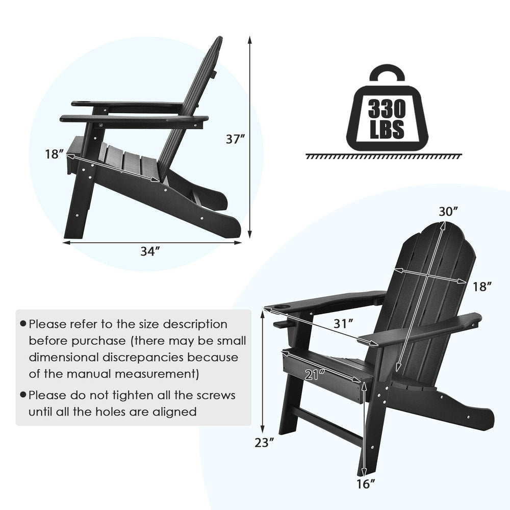 Black outdoor Adirondack chair with built-in cup holder, made of all-weather PE material, perfect for backyard.