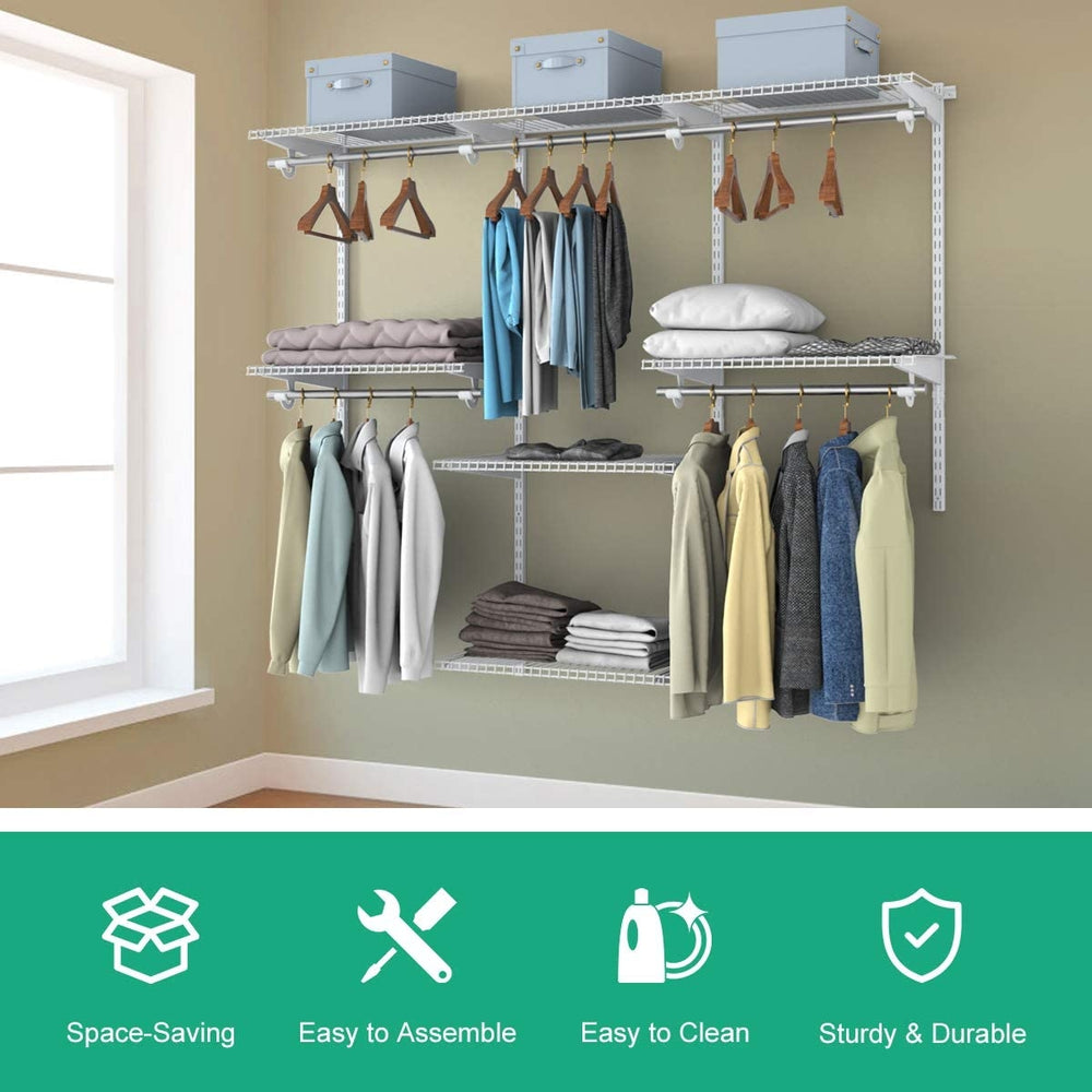 Adjustable wall-mounted closet rack system with shelves and hanging rods, made of sturdy powder-coated steel for.