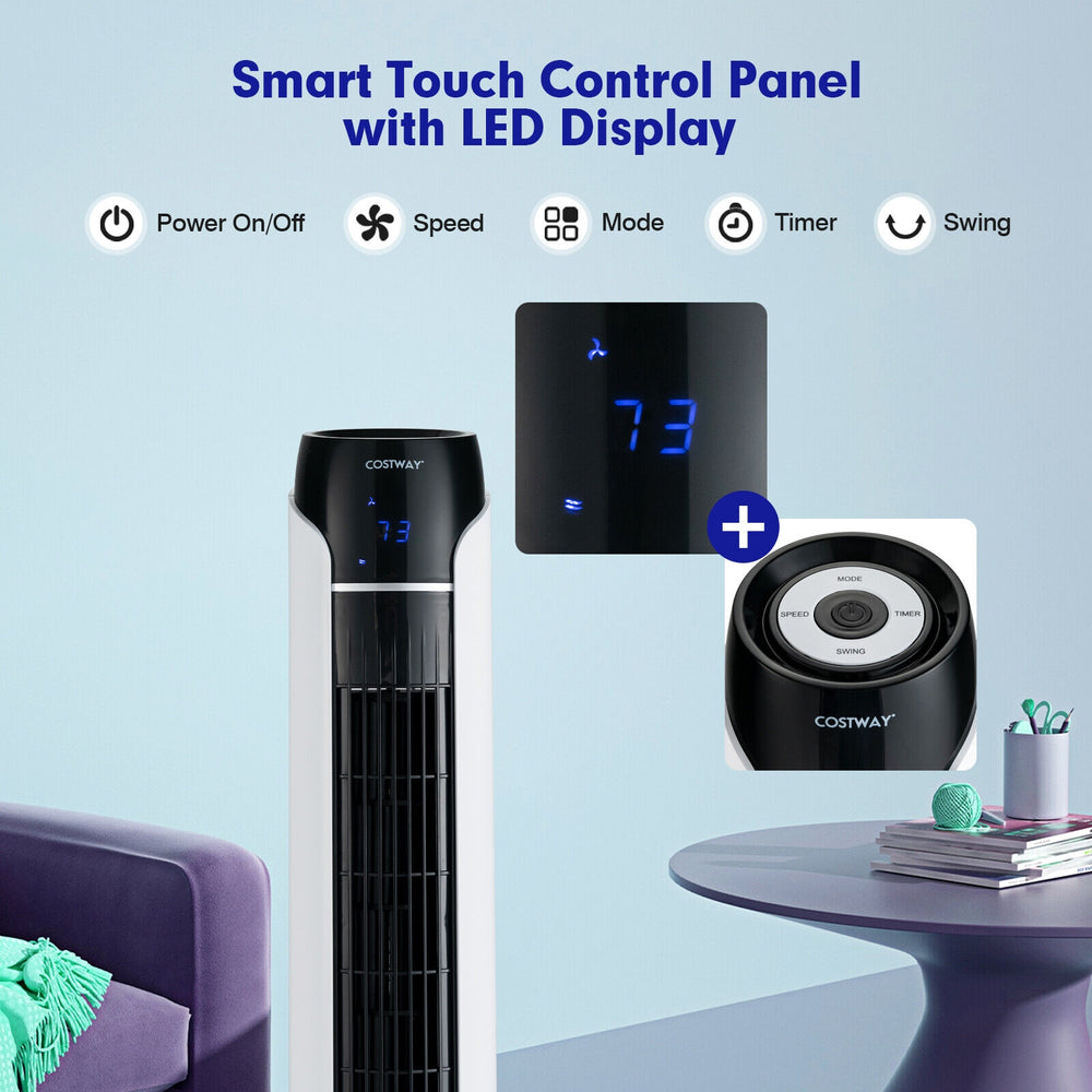 Portable 48-inch tower fan with remote control, featuring a smart touch panel and LED display for easy operation.