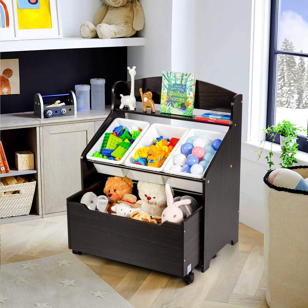 Kids Wooden Toy Storage Unit Organizer with Rolling Toy Box and Plastic Bins-Espresso - Gallery View 1 of 12