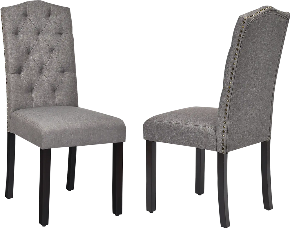 Set of 2 gray tufted upholstered dining chairs with rubberwood legs, designed for comfort and elegance in any space.