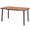 Acacia wood patio dining table with slatted surface and rust-proof legs, perfect for outdoor gatherings and umbrella.