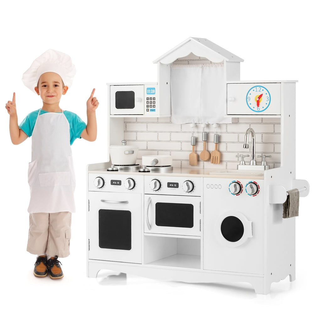 Wooden kids kitchen playset with washing machine, oven, and accessories for imaginative play and creativity development.