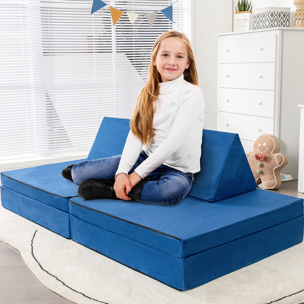 4-Piece Convertible Kids Couch Set with 2 Folding Mats-Blue - Gallery View 1 of 10
