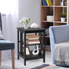 Black 3-tier nightstand with round corners and open compartments, perfect for living room or bedroom storage.