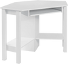 White wooden corner desk with large drawer and two shelves, ideal for maximizing space in home offices or study areas.