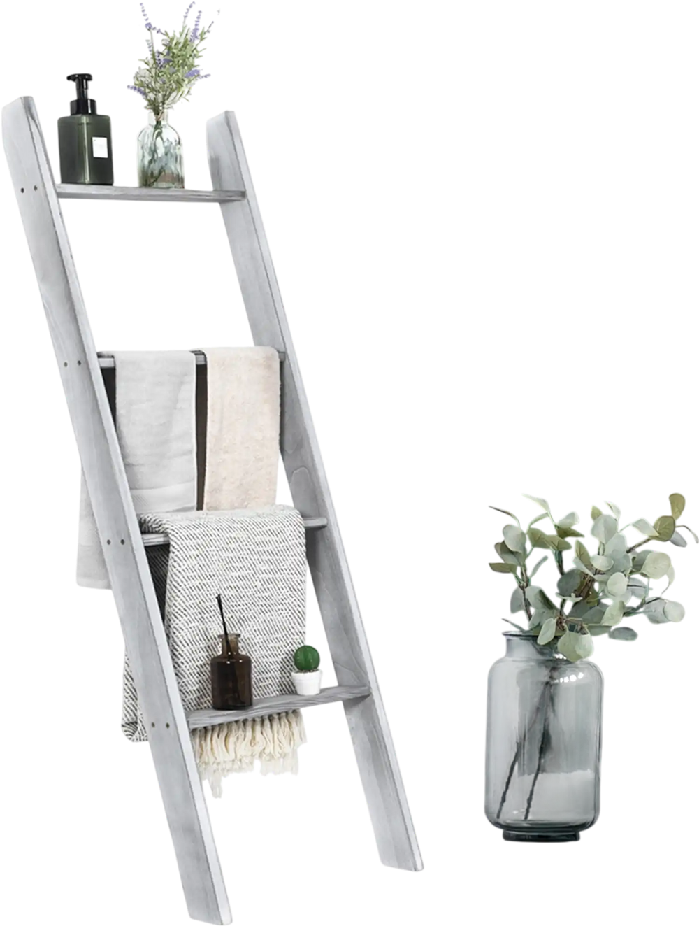 Gray 4-tier wall leaning ladder shelf made of pine wood, ideal for stylish storage in living room or bedroom.