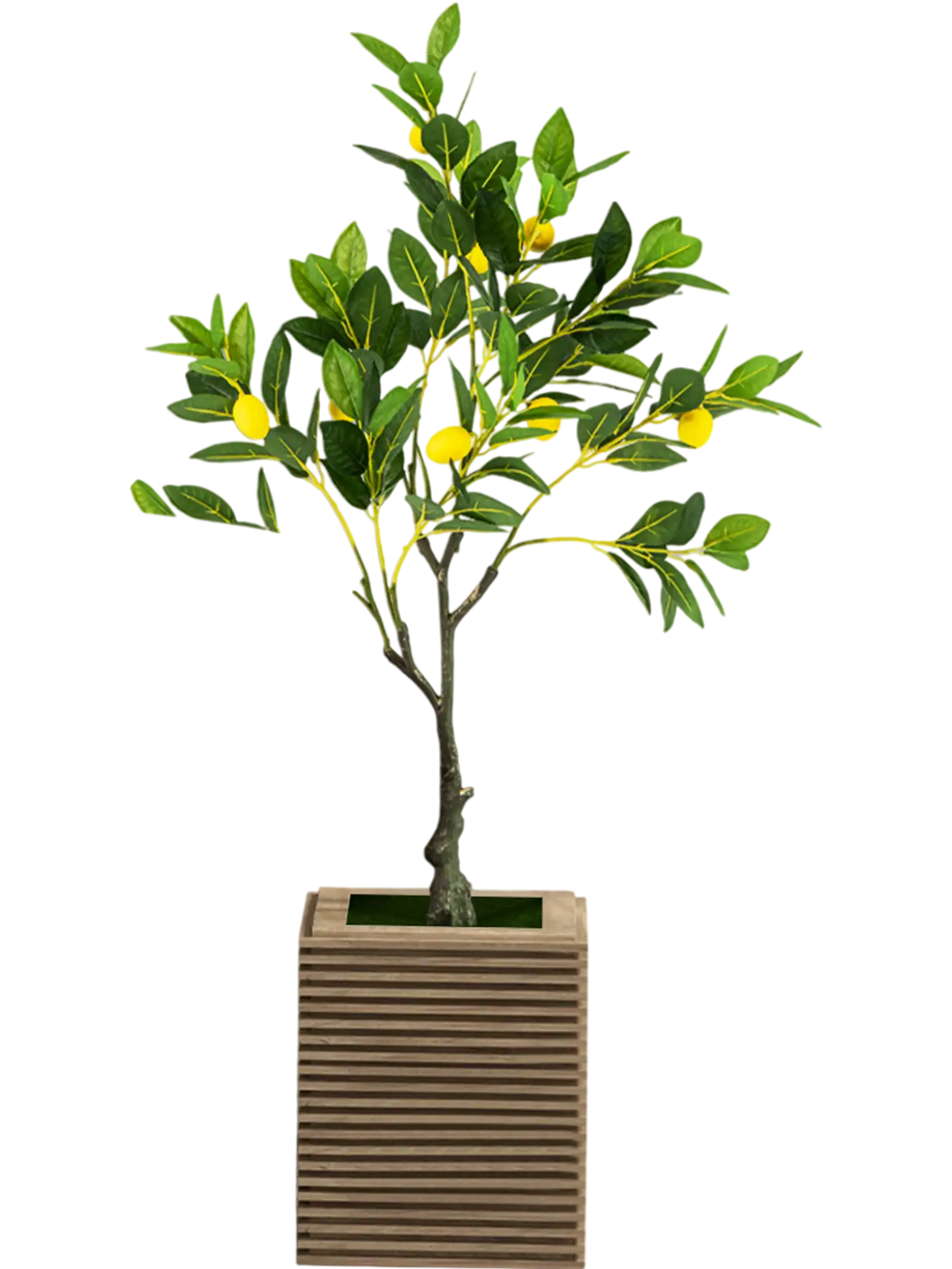 Artificial lemon tree with vibrant leaves and fruits in a solid pot, perfect for indoor decoration and maintenance-free.