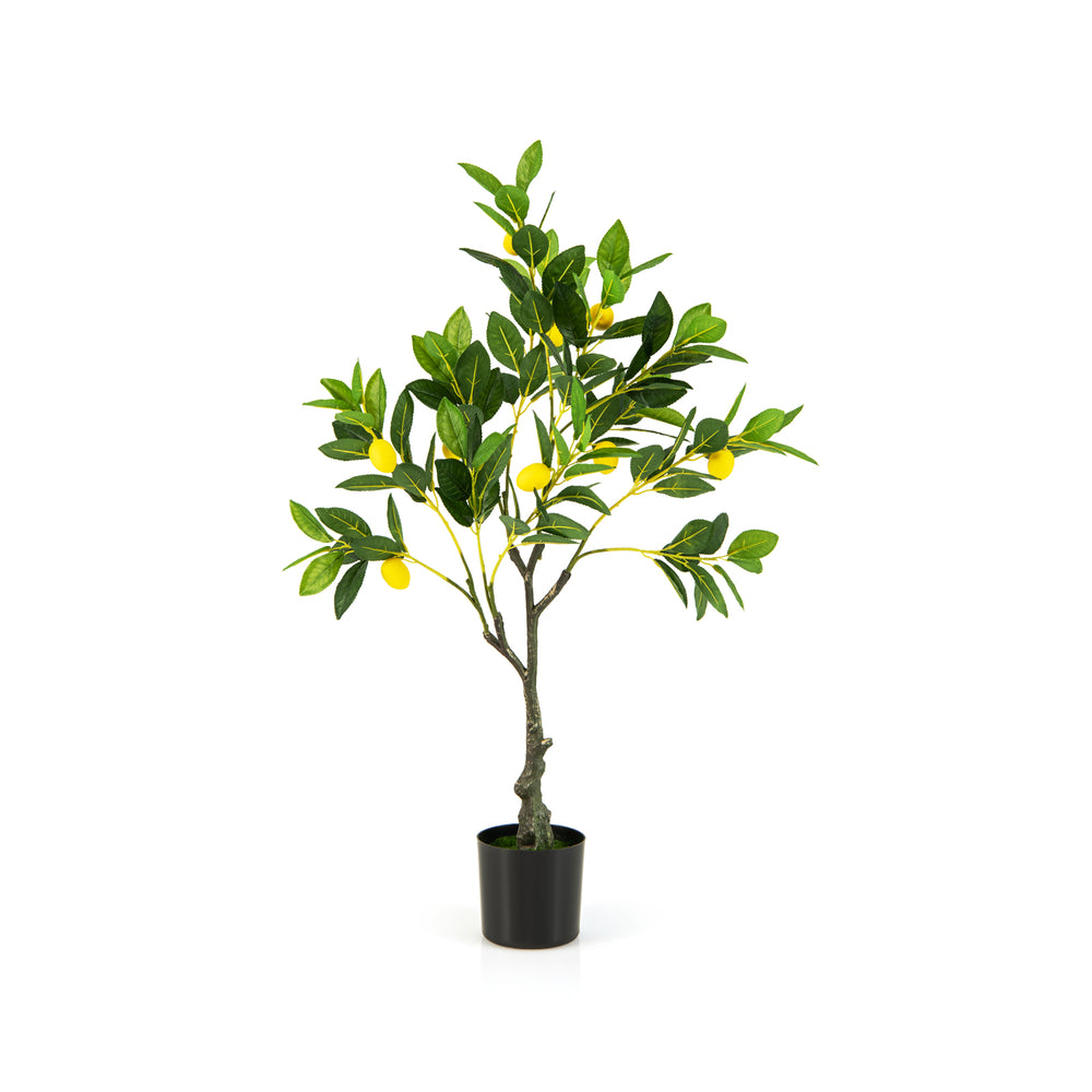 Artificial lemon tree with vibrant leaves and realistic fruits, 2.6 feet tall, perfect for indoor decoration.