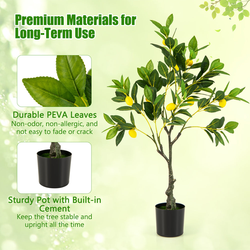 Artificial lemon tree with vibrant PEVA leaves and fruits, 2.6 feet tall, perfect for indoor decoration and stability.