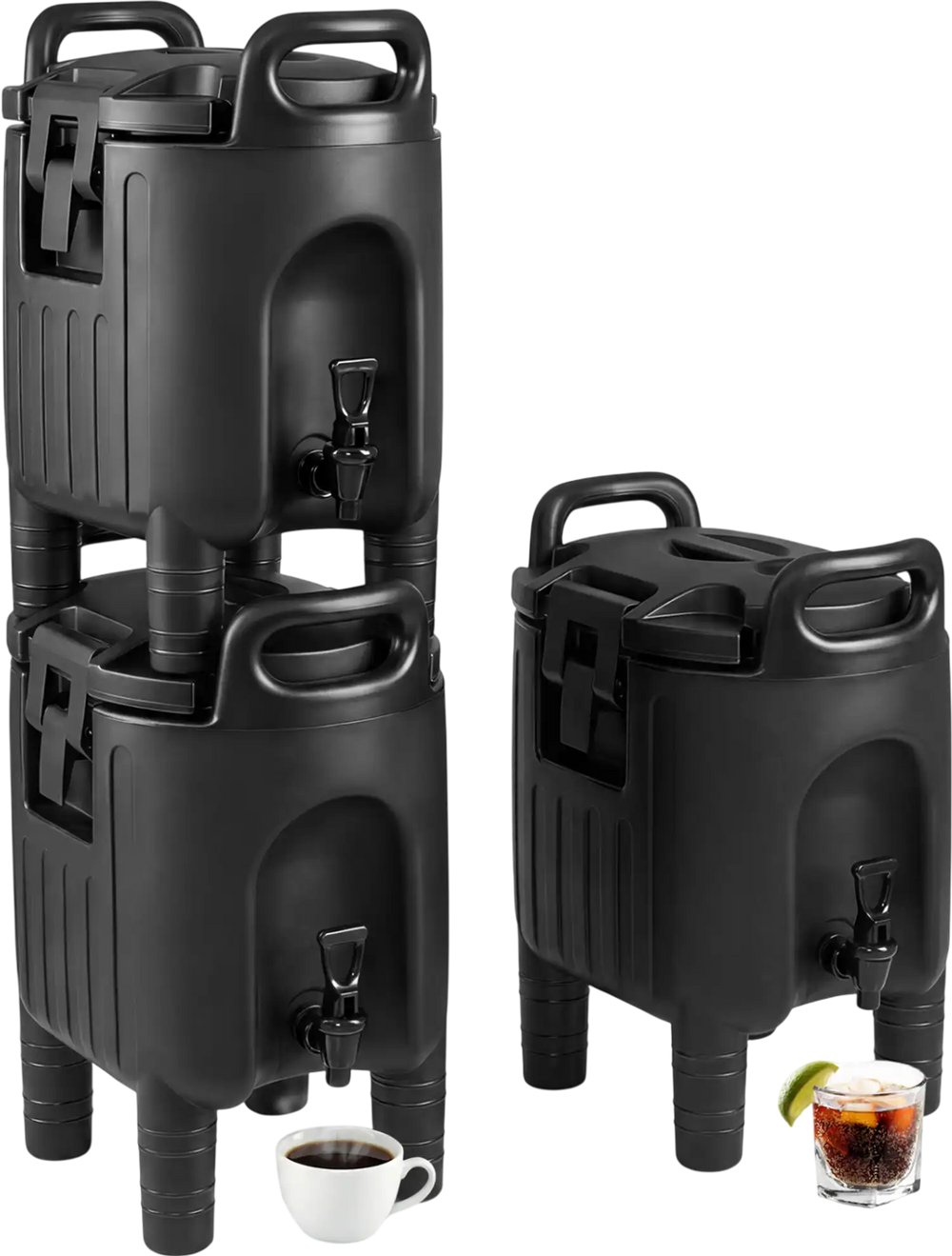 Set of 3 black insulated beverage dispensers with handles, featuring triple-layer insulation for cold and warm drinks.