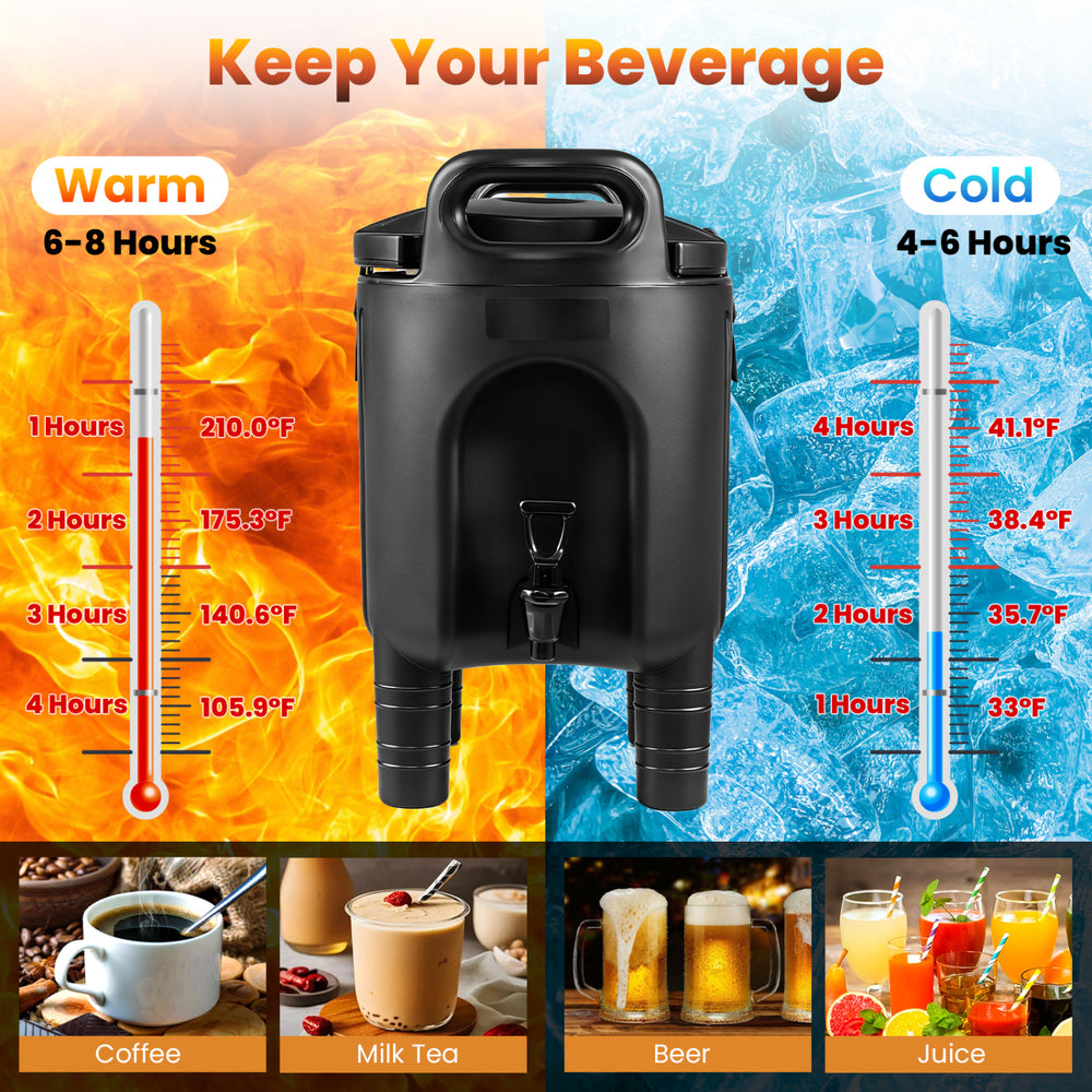 Insulated 2.6 Gal beverage dispenser set in black, designed to keep drinks cold for 4-6 hours and warm for 6-8 hours.