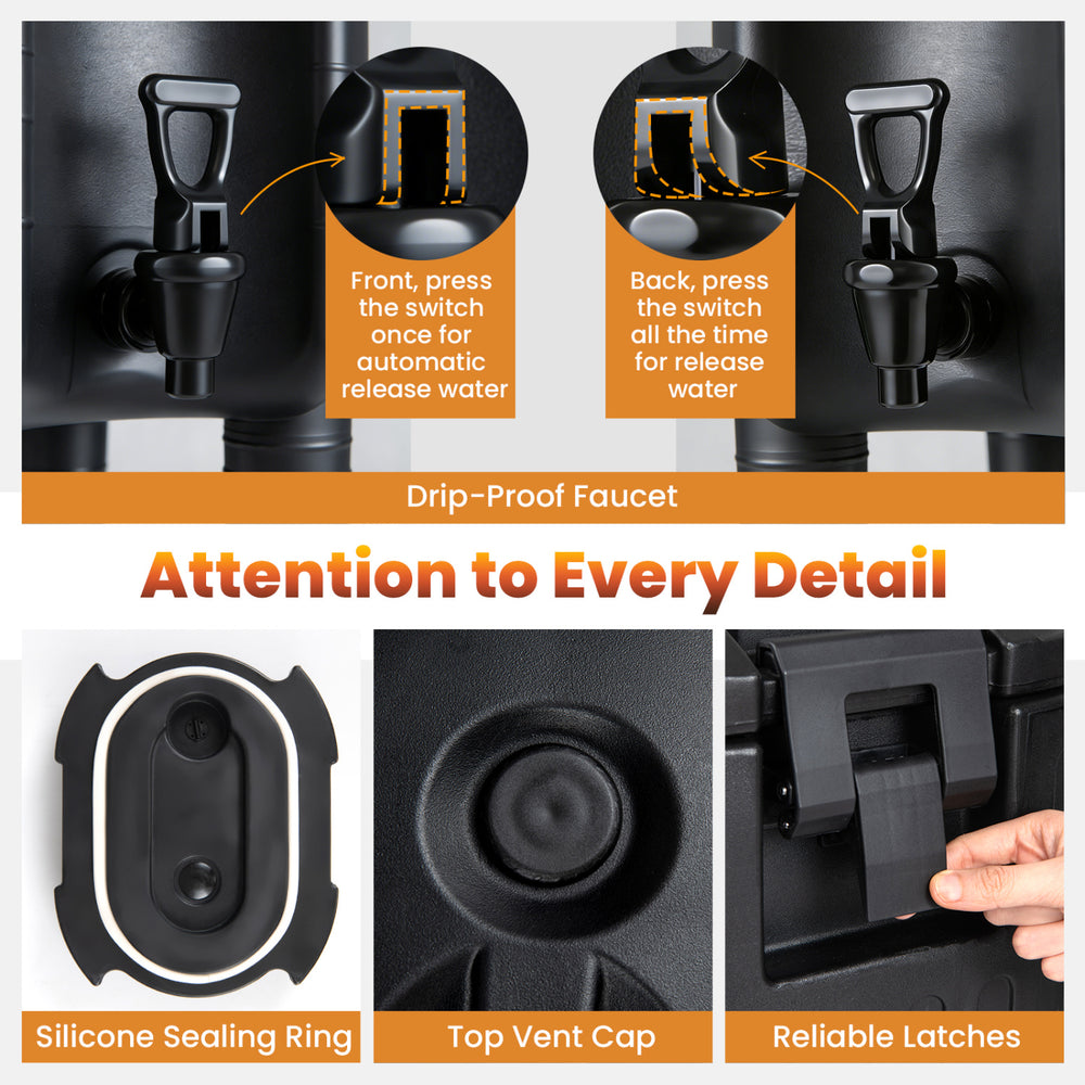 Drip-proof faucet detail of 2.6 Gal insulated beverage dispenser set, featuring silicone sealing ring and reliable.
