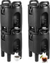 Stacked set of four 2.6 Gal insulated beverage dispensers in black, featuring handles and drip-proof faucets for easy.
