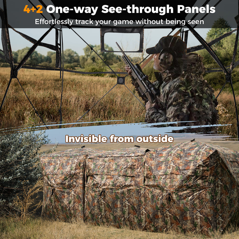 Side view of the 2-6 person hunting blind featuring one-way see-through panels and camouflage pattern for stealthy.