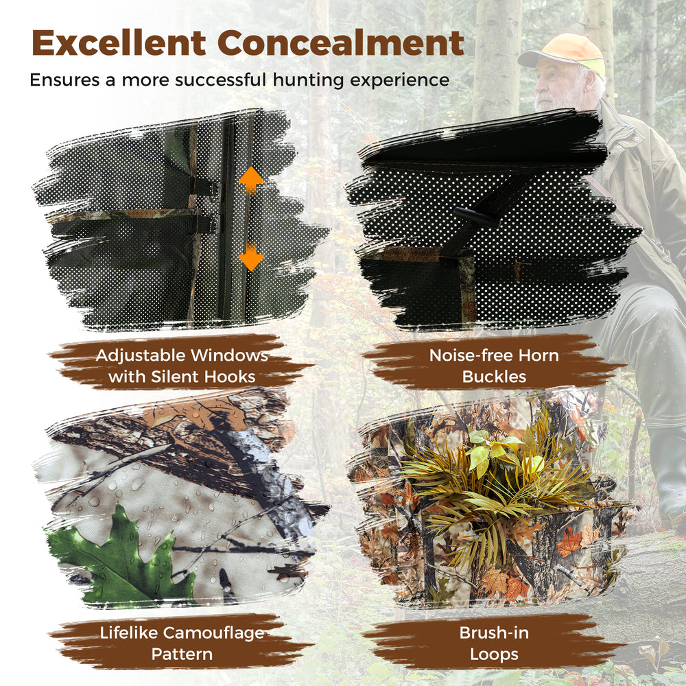 Adjustable windows and lifelike camouflage pattern of the 2-6 person hunting blinds for excellent concealment in the.