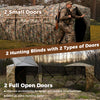 Two hunting blinds featuring camouflage design, with small and full open doors for stealth and accessibility.