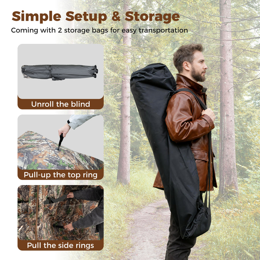 Side-by-side hunting blinds with camouflage pattern, featuring easy setup, storage bags, and adjustable windows for.