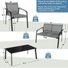 Patio furniture set featuring a gray loveseat and glass table, designed for comfort and stability in outdoor spaces.