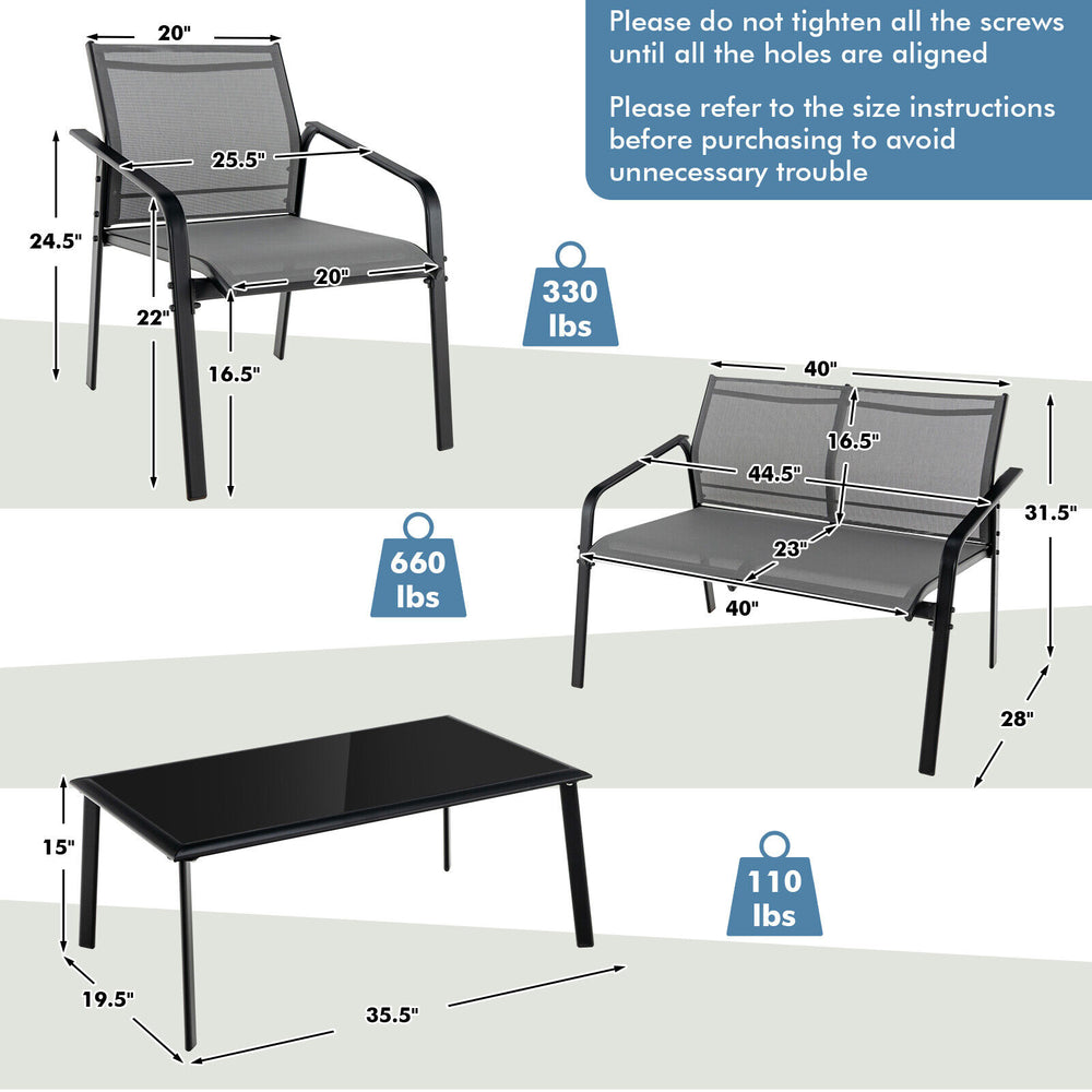 Patio furniture set featuring a gray loveseat and glass table, designed for comfort and stability in outdoor spaces.