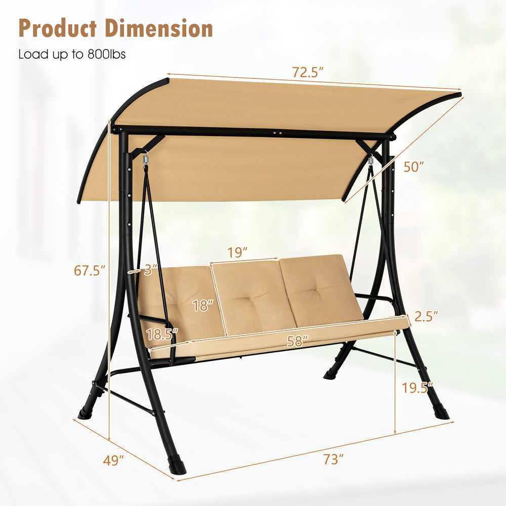Dimensions of the 3-seat outdoor porch swing with adjustable canopy, ideal for spacious outdoor lounging and relaxation.