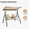 2-seat outdoor porch swing with adjustable canopy, tempered glass table, and durable fabric in beige for patio.