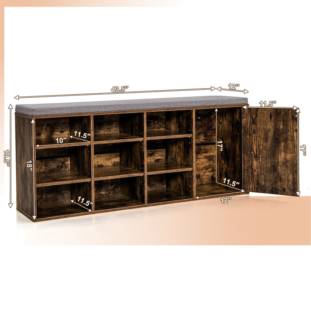 Dimensions of the 9-cube adjustable storage shoe bench in rustic brown, featuring 3 adjustable shelf heights and a door.