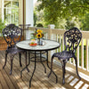 Round 32-inch patio table with tempered glass top and black steel frame, featuring an umbrella hole for outdoor dining.