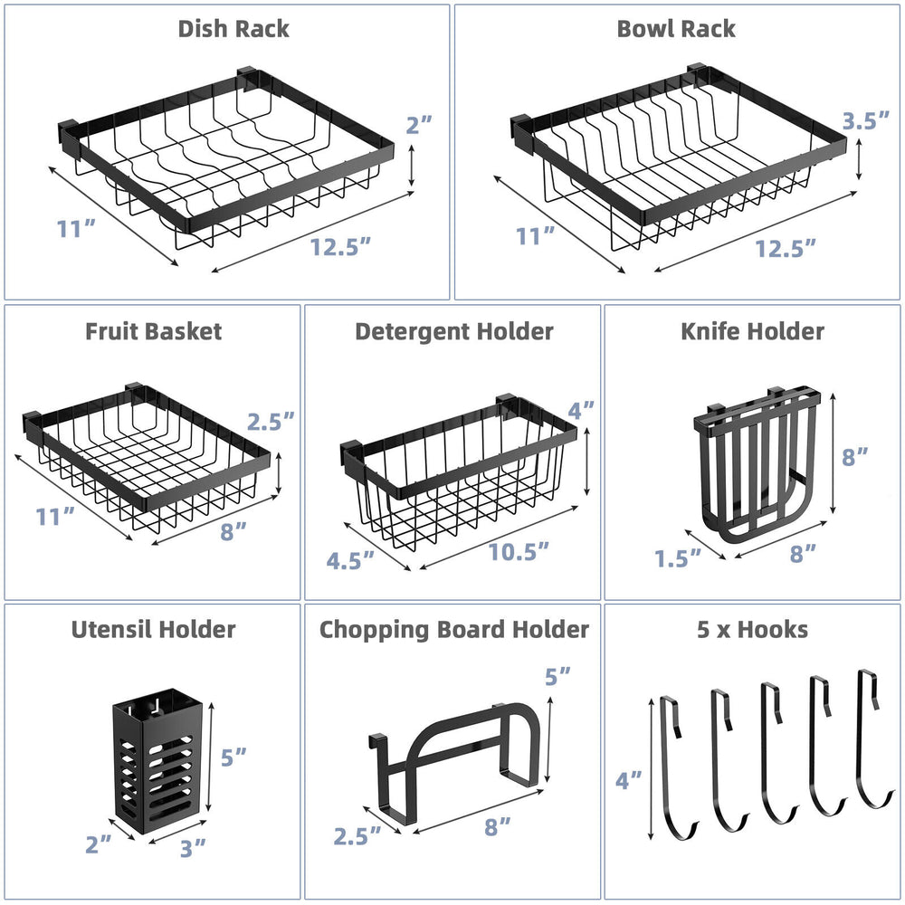 2-tier adjustable over sink dish drying rack with 4 baskets, knife holder, and 5 hooks for efficient kitchen storage.
