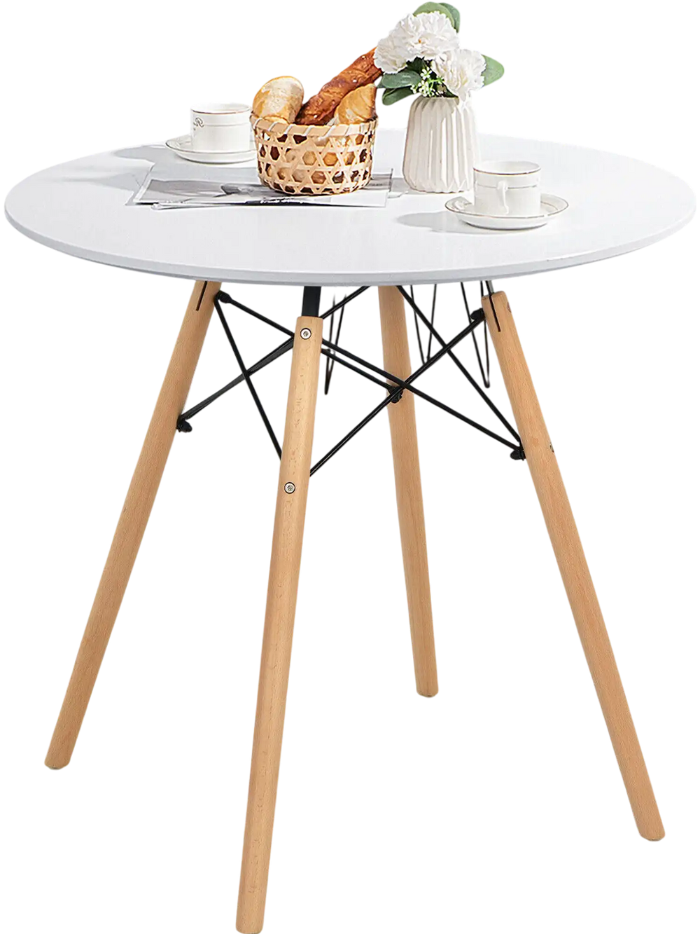 Round modern dining table with solid beech wood legs, 31.5-inch white tabletop, perfect for small spaces and versatile.
