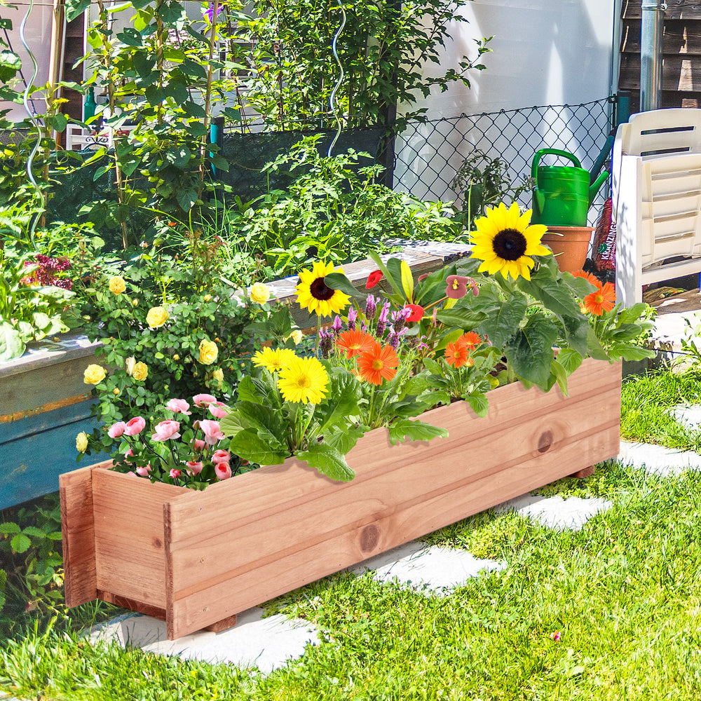 Wooden decorative raised garden bed filled with colorful flowers, perfect for enhancing patios and windows.